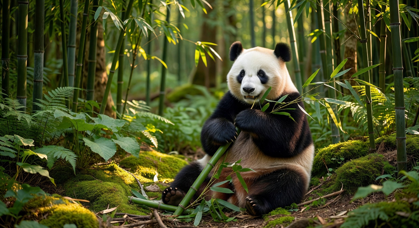 Giant Panda eating bamboo in a lush green forest