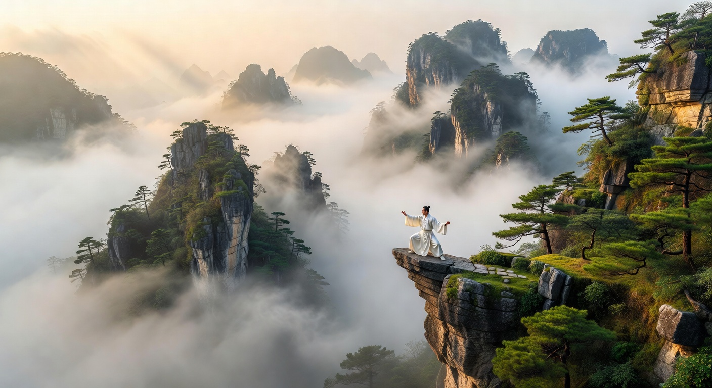 Misty mountains representing traditional Chinese martial arts landscape